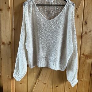 Woven Heart Cream V-Neck Sweater